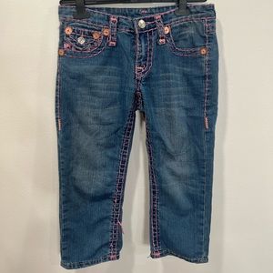 True Religion cropped jeans with pink stitching
